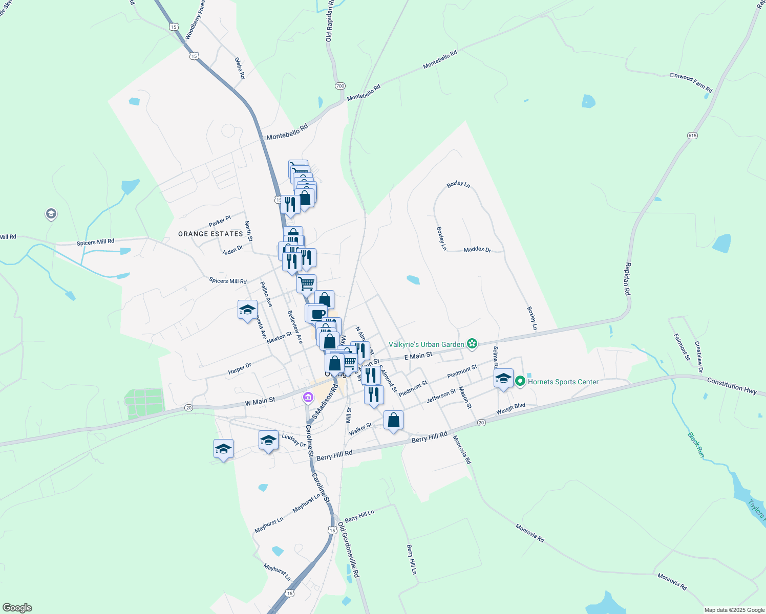 map of restaurants, bars, coffee shops, grocery stores, and more near 198 Landon Lane in Orange