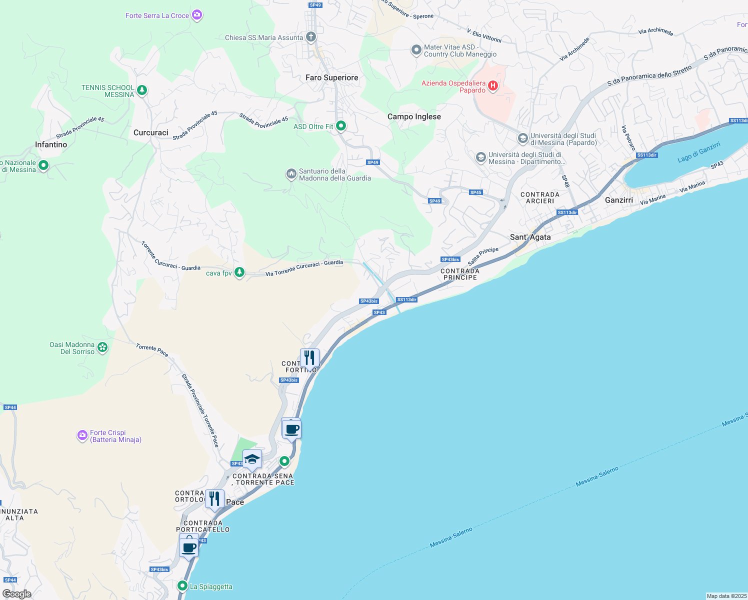 map of restaurants, bars, coffee shops, grocery stores, and more near Strada Panoramica dello Stretto in Messina