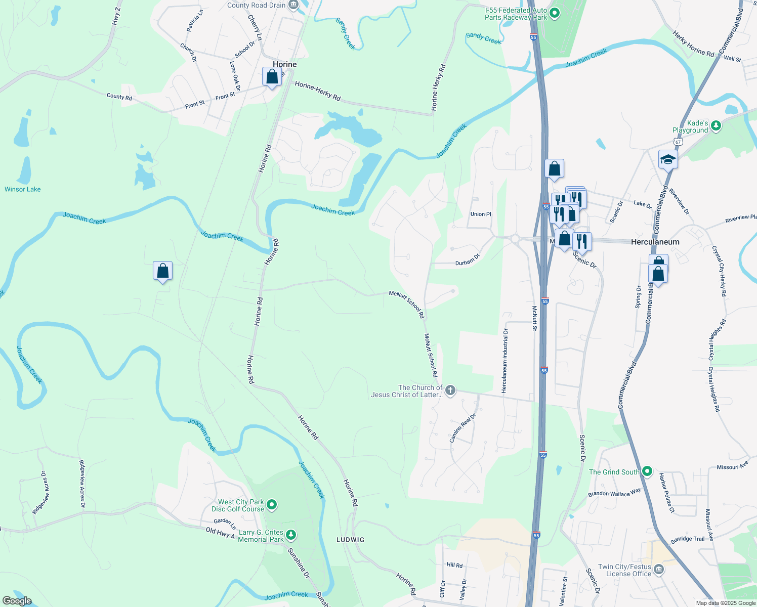 map of restaurants, bars, coffee shops, grocery stores, and more near 1234 McNutt School Road in Festus