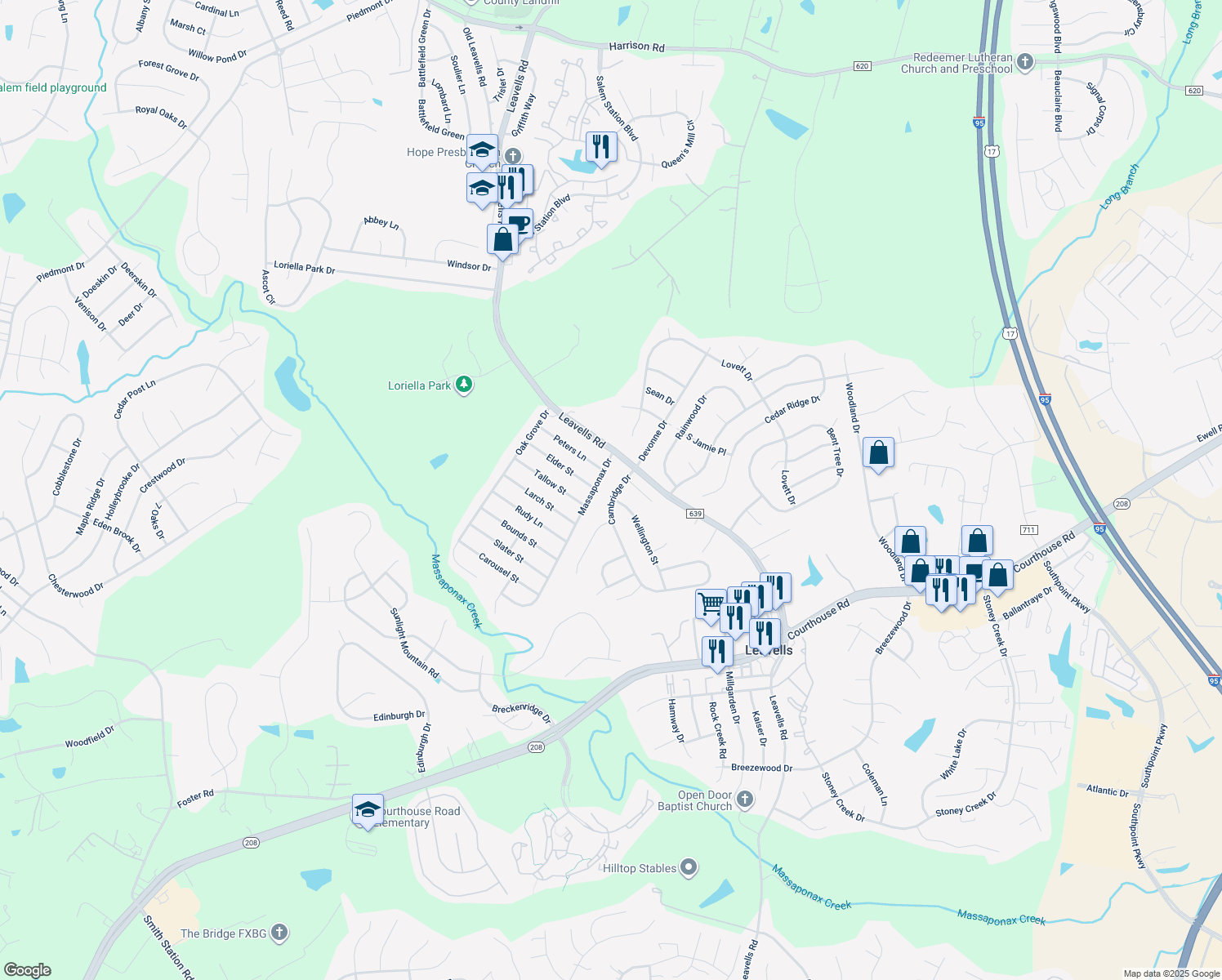 map of restaurants, bars, coffee shops, grocery stores, and more near 5609 Cambridge Dr in Fredericksburg