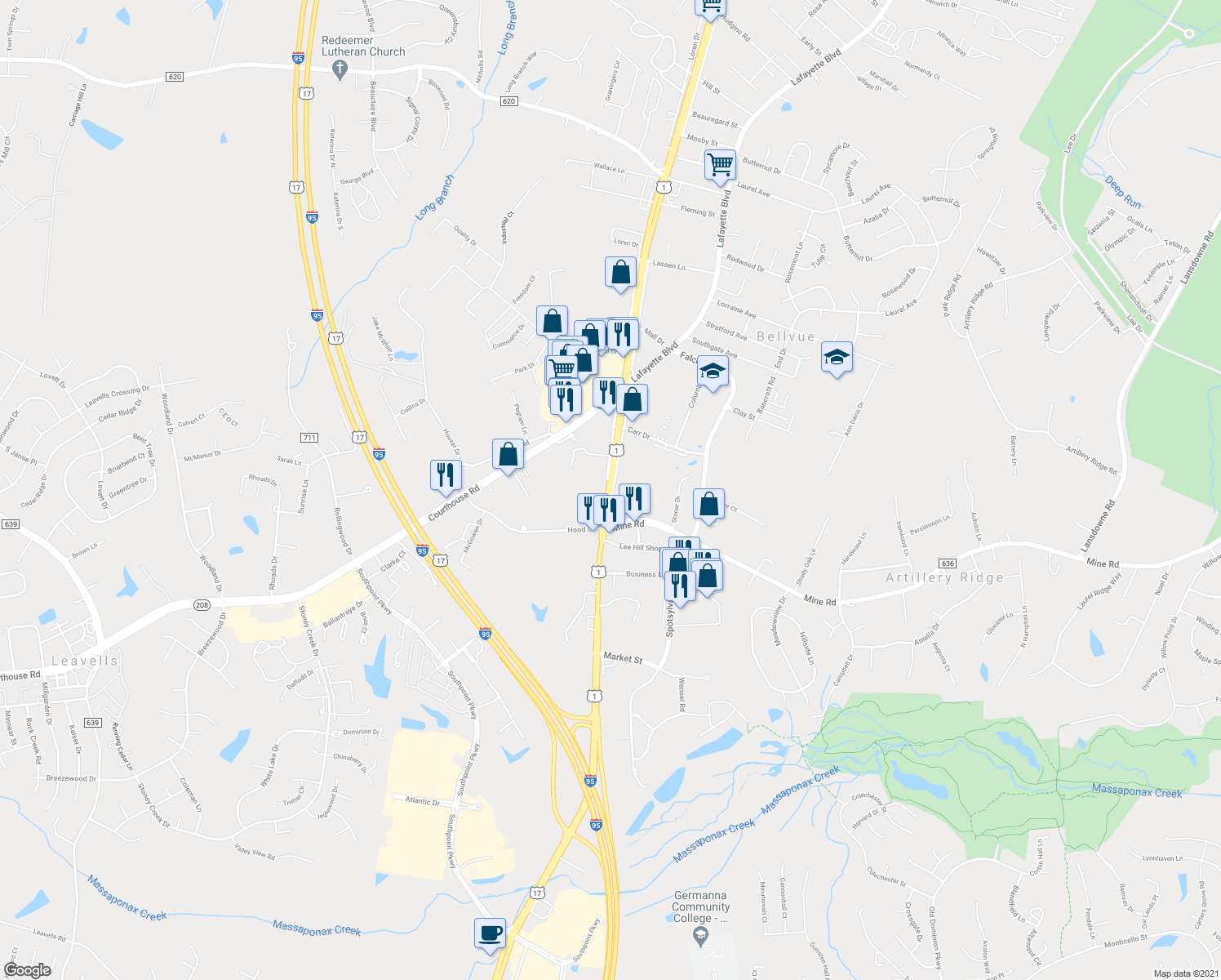map of restaurants, bars, coffee shops, grocery stores, and more near 5228 Jefferson Davis Hwy in Fredericksburg