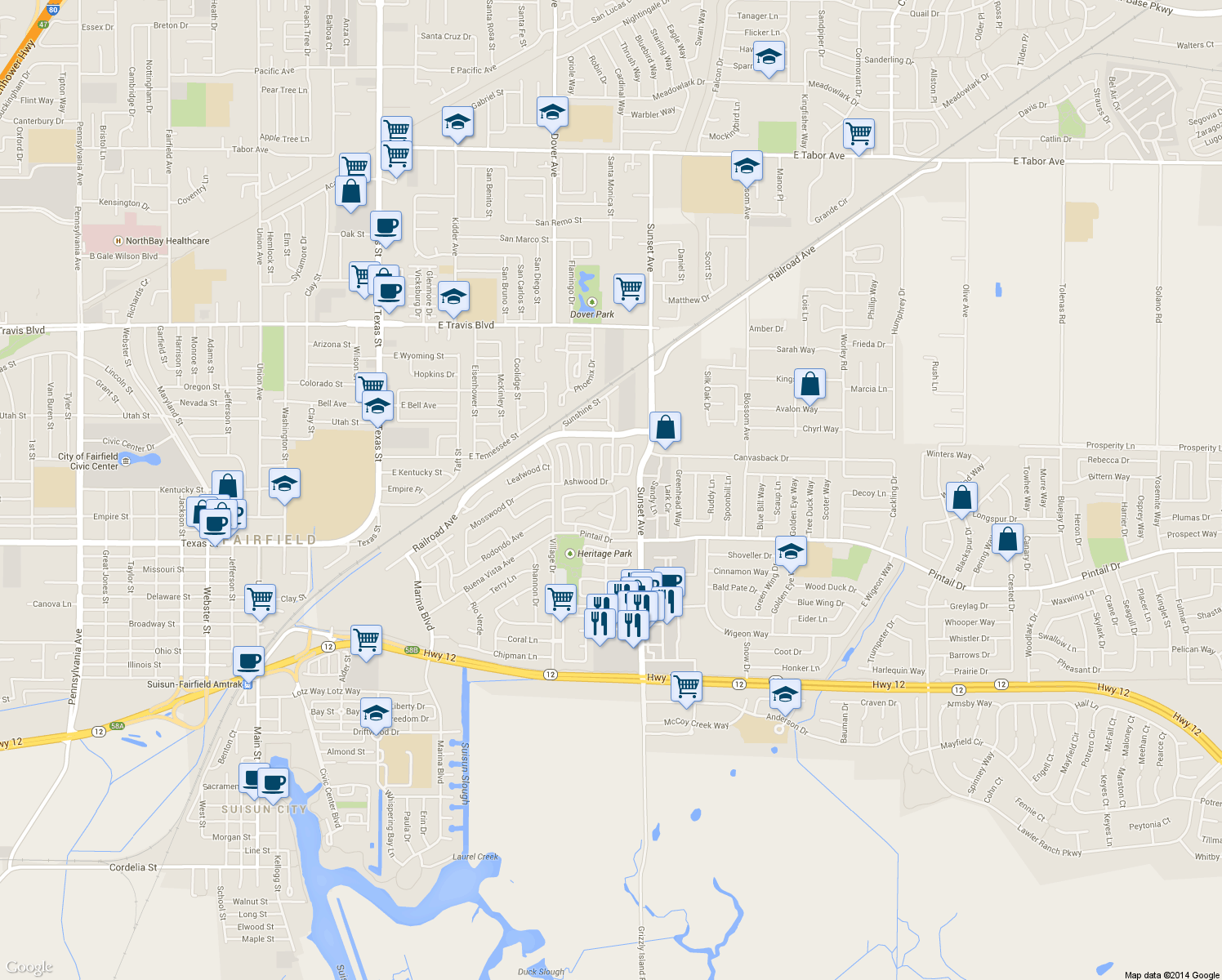 map of restaurants, bars, coffee shops, grocery stores, and more near 285 Bridgewater Cir in Suisun City