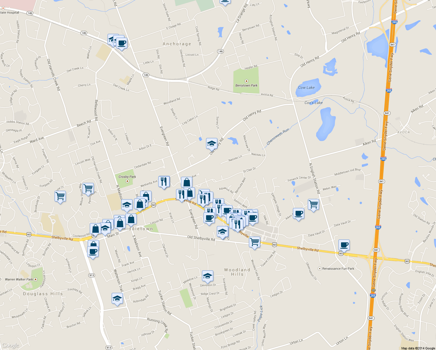 map of restaurants, bars, coffee shops, grocery stores, and more near 504 Woodview Cir in Louisville