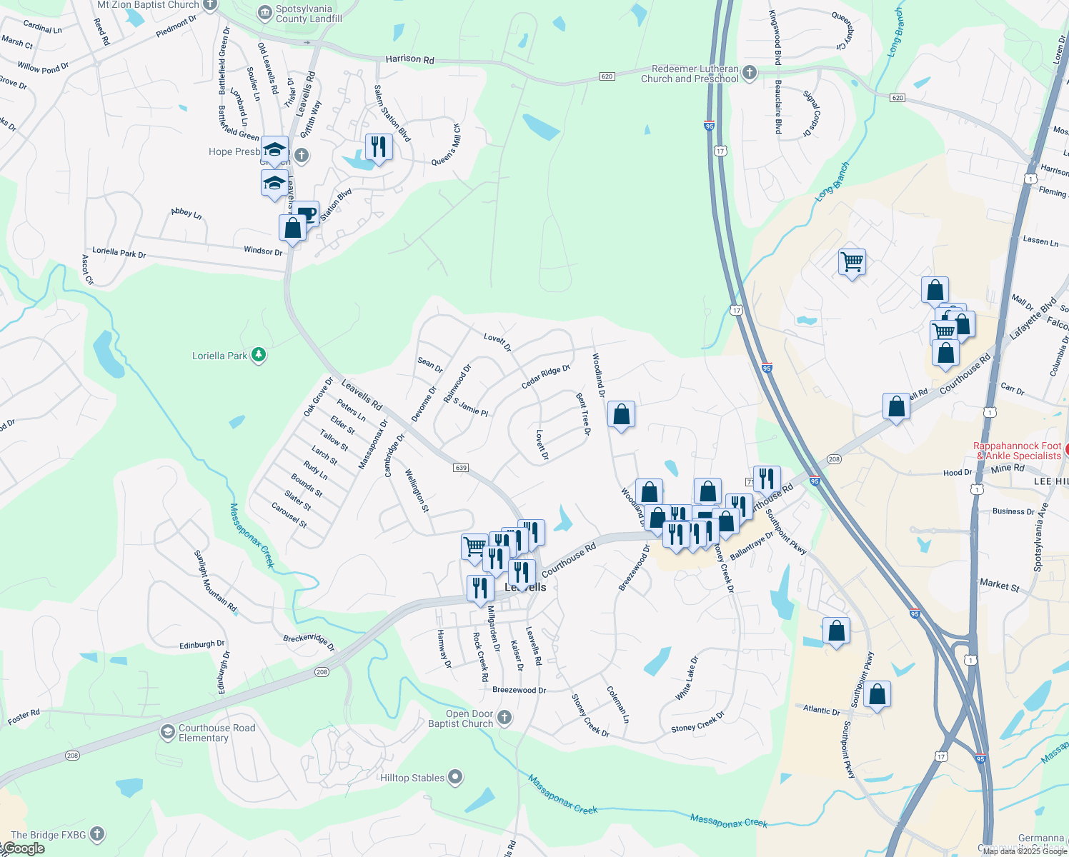 map of restaurants, bars, coffee shops, grocery stores, and more near 5400 Briarbend Ct in Fredericksburg