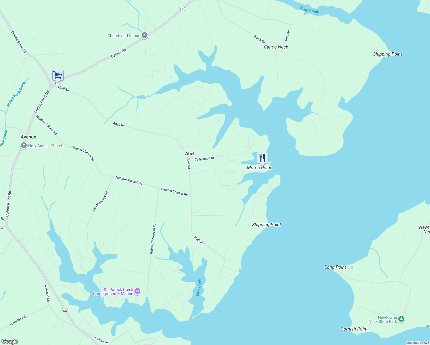 map of restaurants, bars, coffee shops, grocery stores, and more near 38659 Morris Point Road in Abell