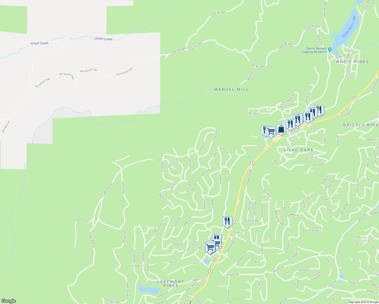 map of restaurants, bars, coffee shops, grocery stores, and more near 3545 Fairway Drive in Arnold