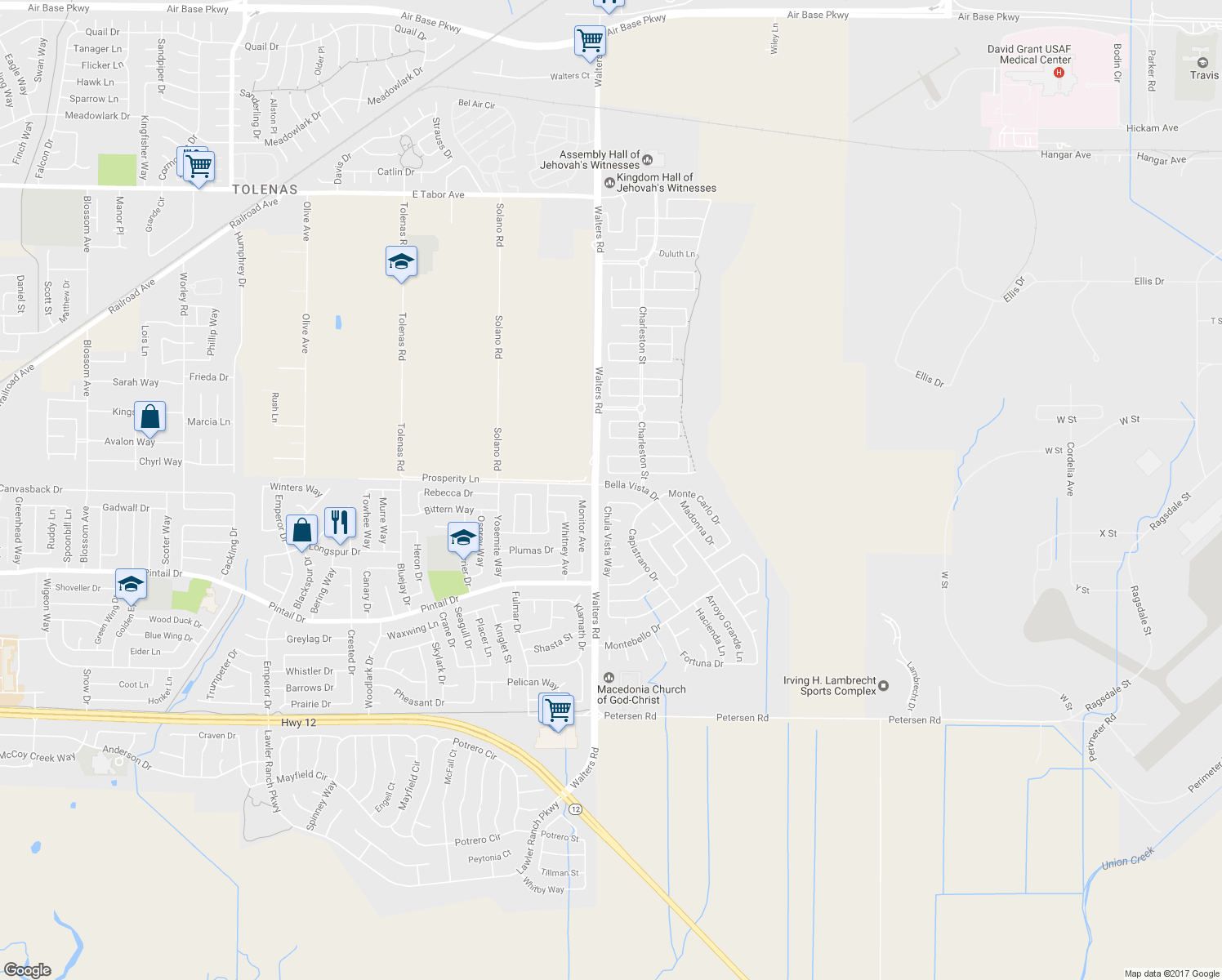 map of restaurants, bars, coffee shops, grocery stores, and more near 1506 Bella Vista Drive in Suisun City