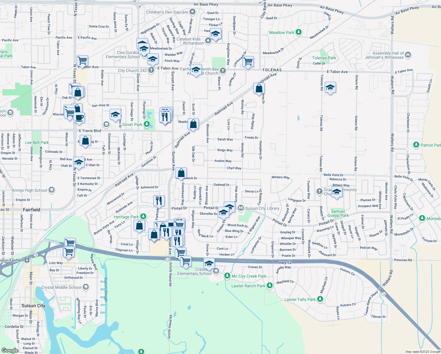 map of restaurants, bars, coffee shops, grocery stores, and more near 416 Canvasback Drive in Suisun City
