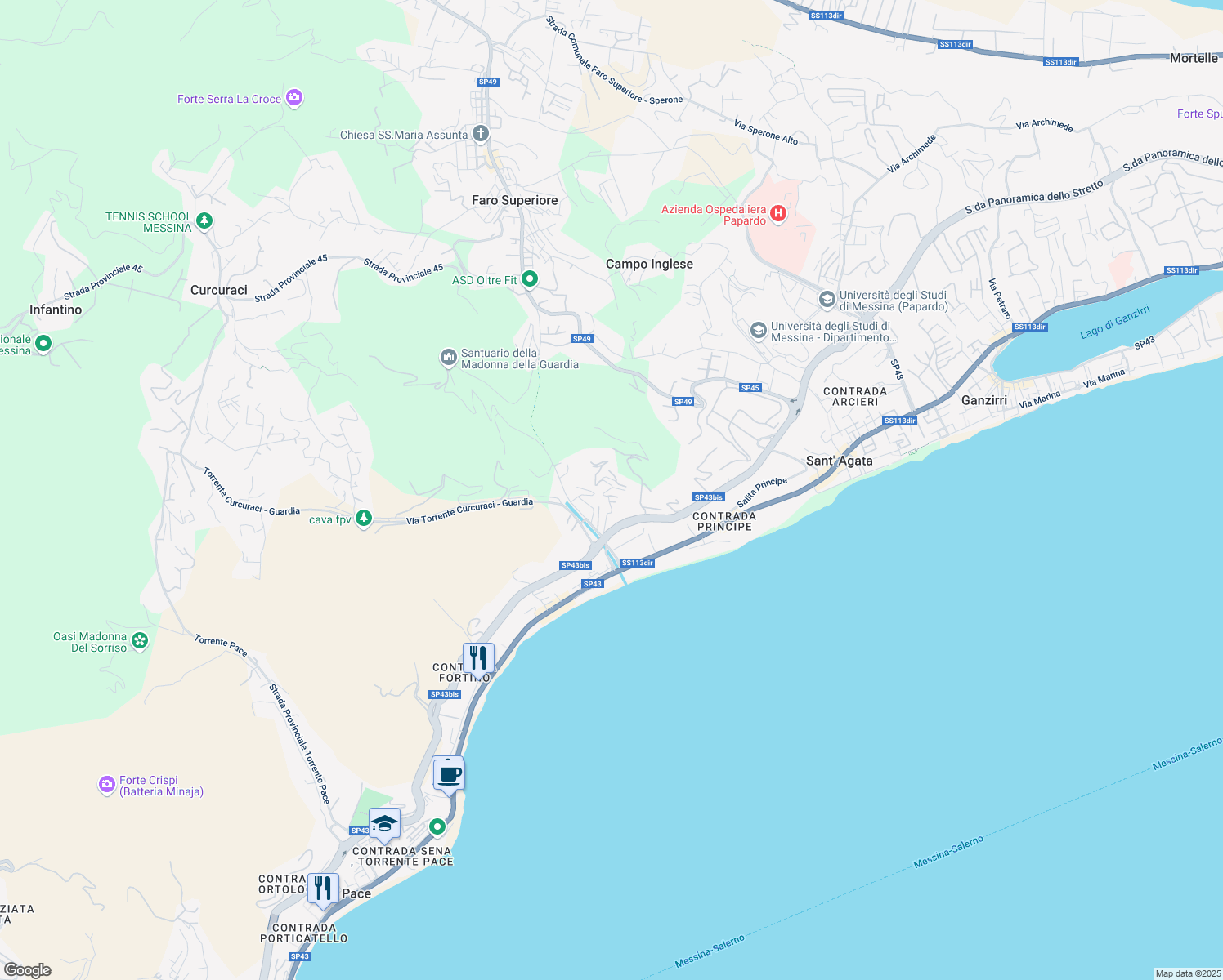 map of restaurants, bars, coffee shops, grocery stores, and more near 19 Contrada Fiumara Guardia in Messina
