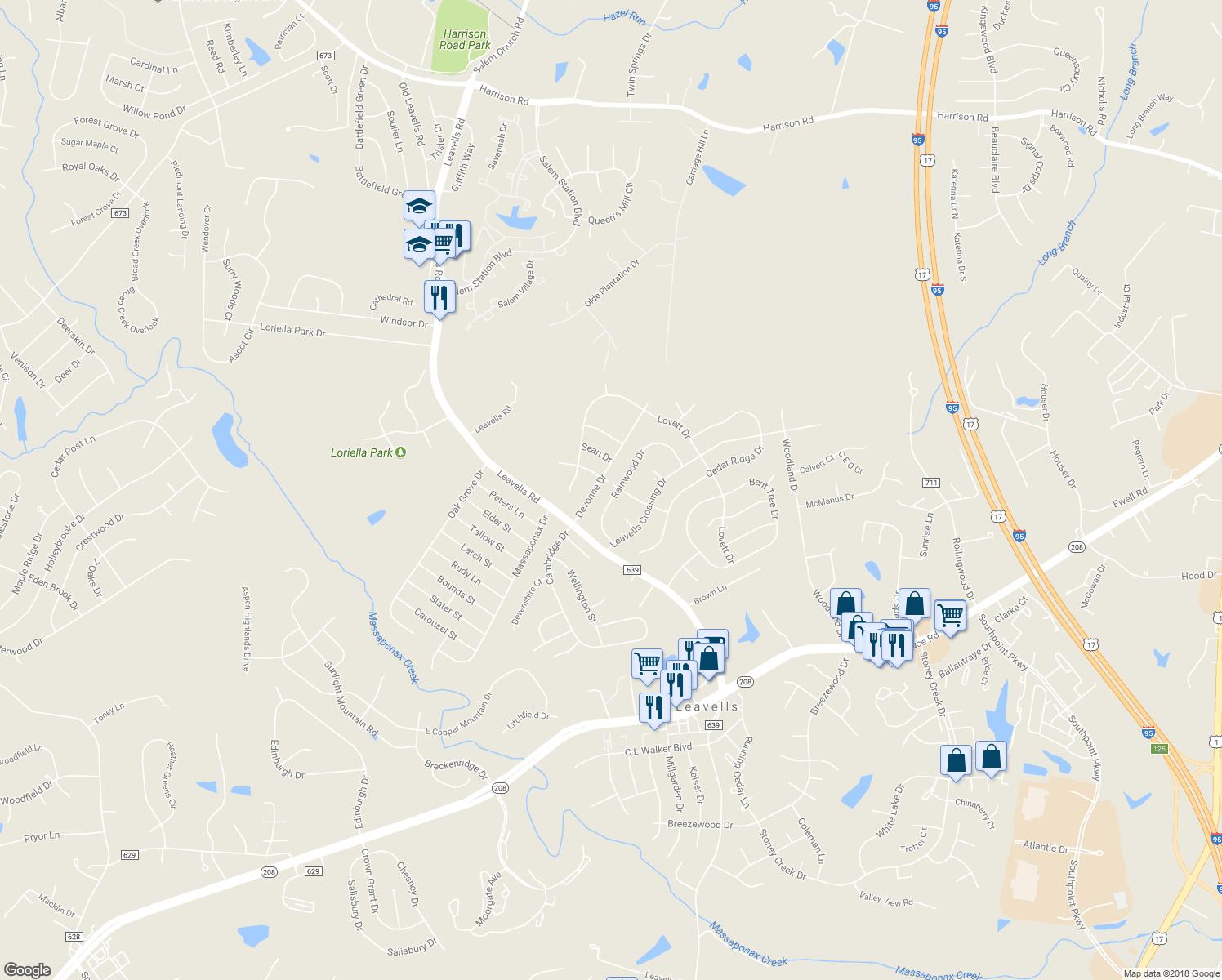 map of restaurants, bars, coffee shops, grocery stores, and more near 10720 South Jamie Place in Fredericksburg