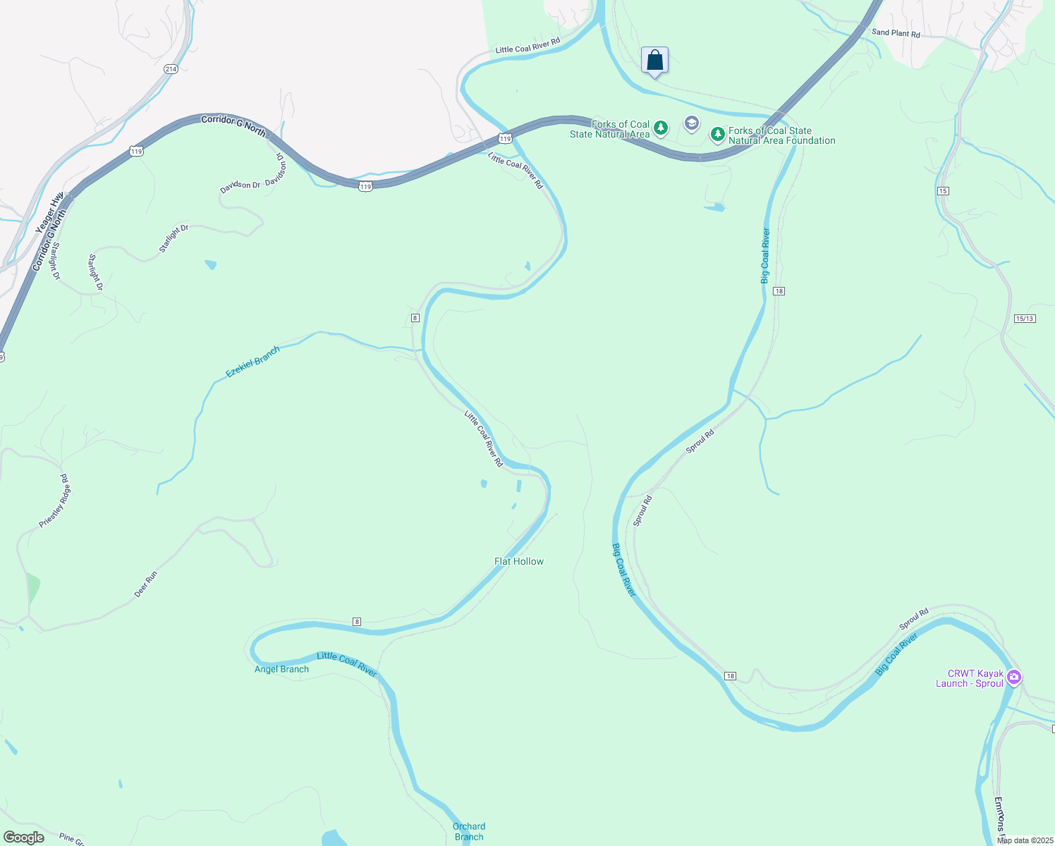 map of restaurants, bars, coffee shops, grocery stores, and more near 1669-1671 Little Coal River in Alum Creek