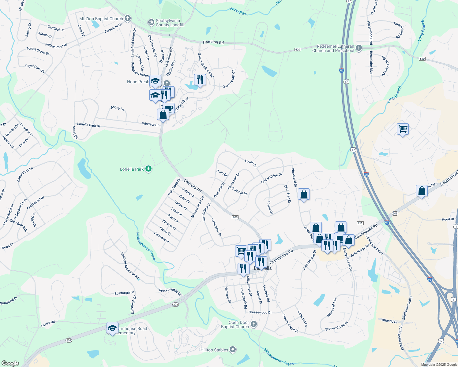 map of restaurants, bars, coffee shops, grocery stores, and more near 5433 Rainwood Drive in Fredericksburg