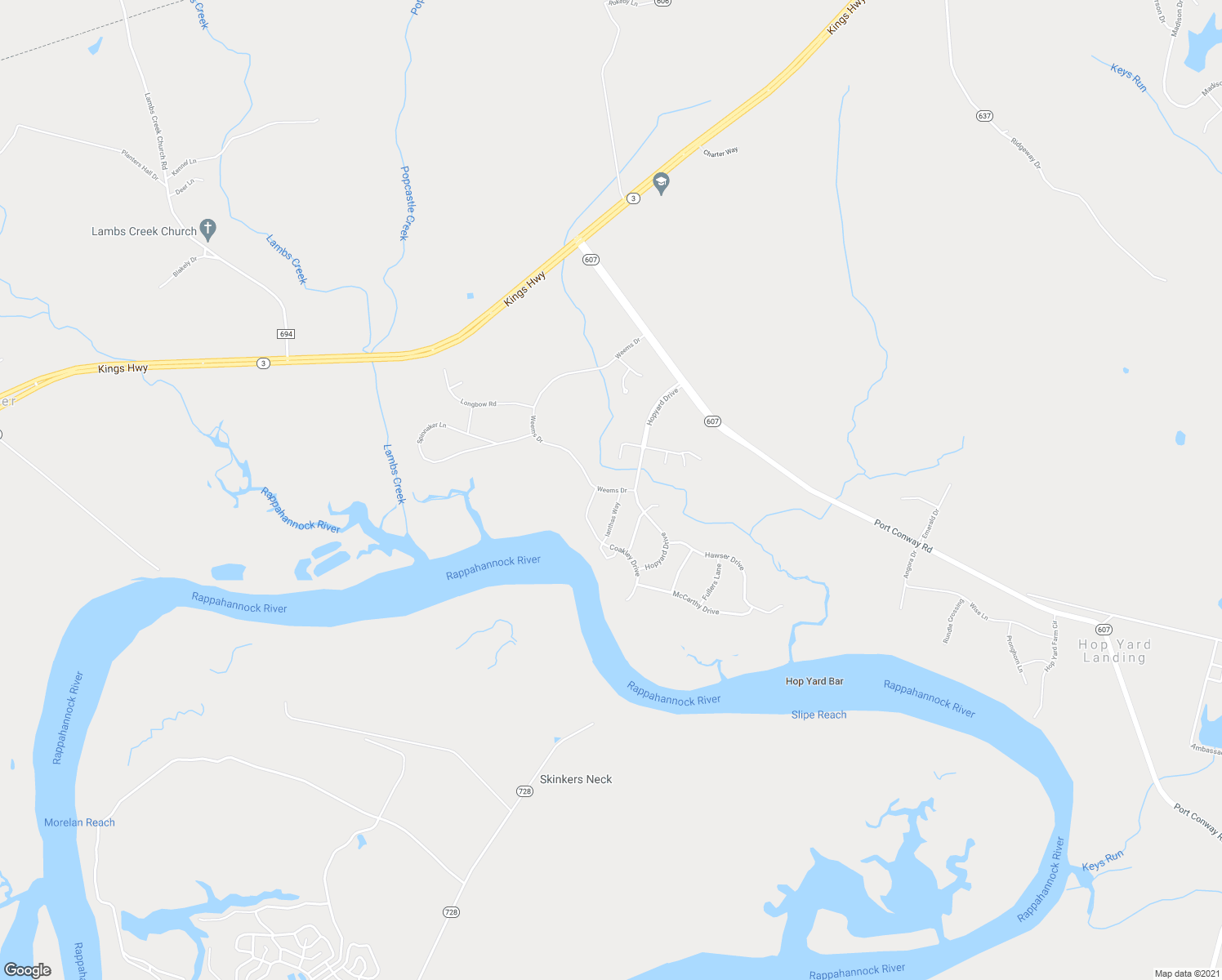 map of restaurants, bars, coffee shops, grocery stores, and more near Weems Drive in King George