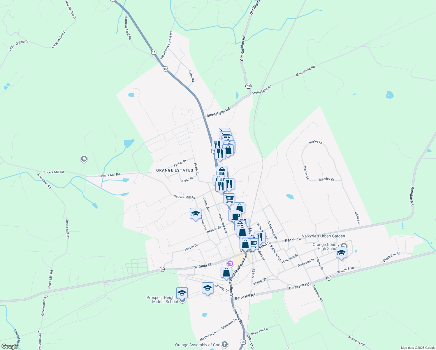 map of restaurants, bars, coffee shops, grocery stores, and more near 905 North Madison Road in Orange