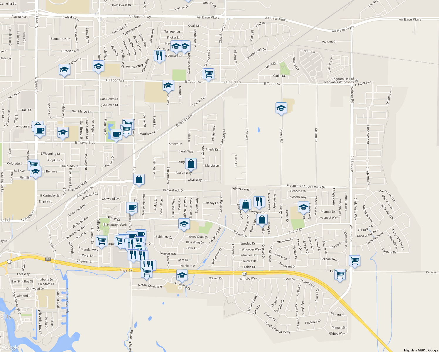 map of restaurants, bars, coffee shops, grocery stores, and more near 1012 Humphrey Drive in Suisun City