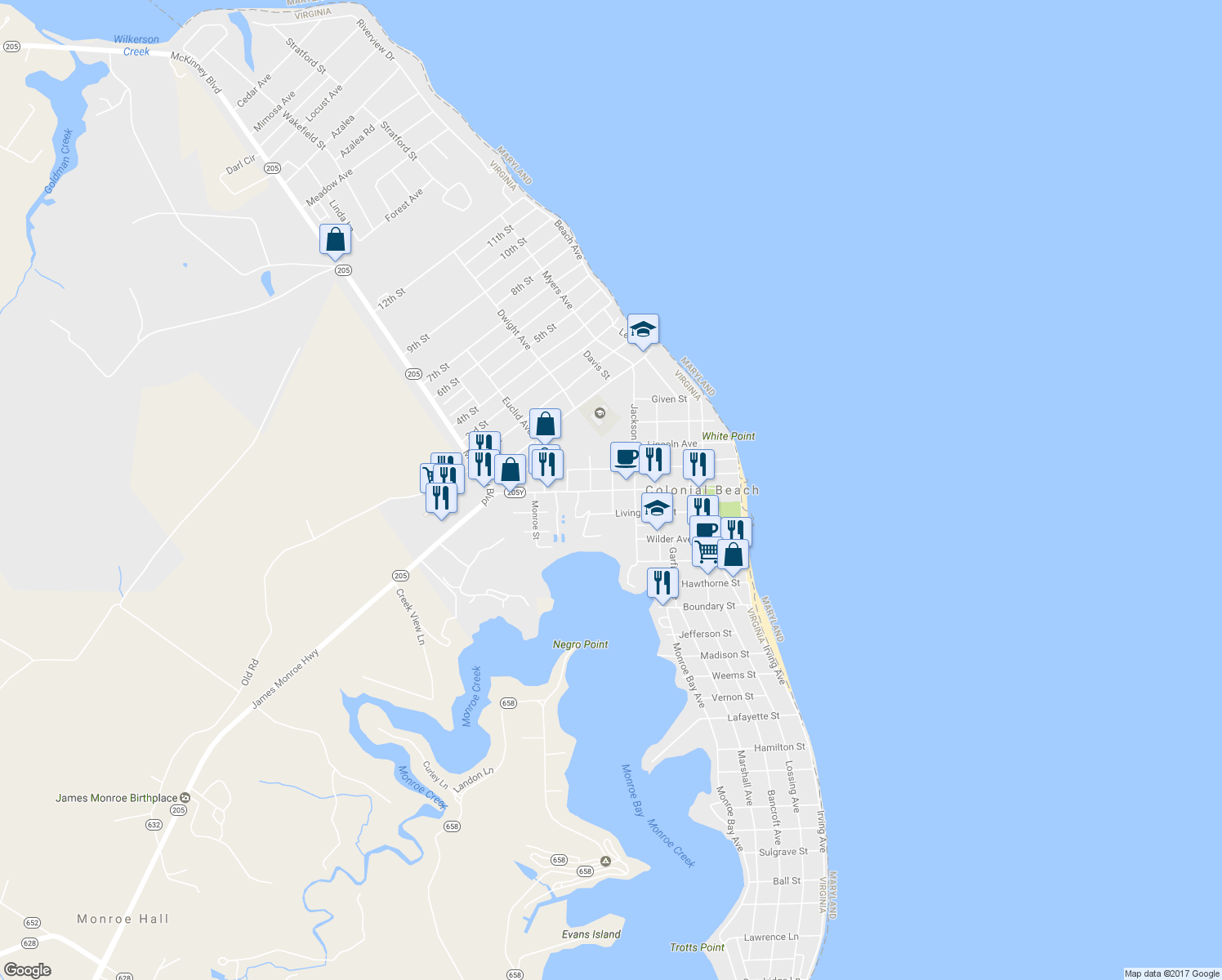 map of restaurants, bars, coffee shops, grocery stores, and more near 501 Colonial Avenue in Colonial Beach