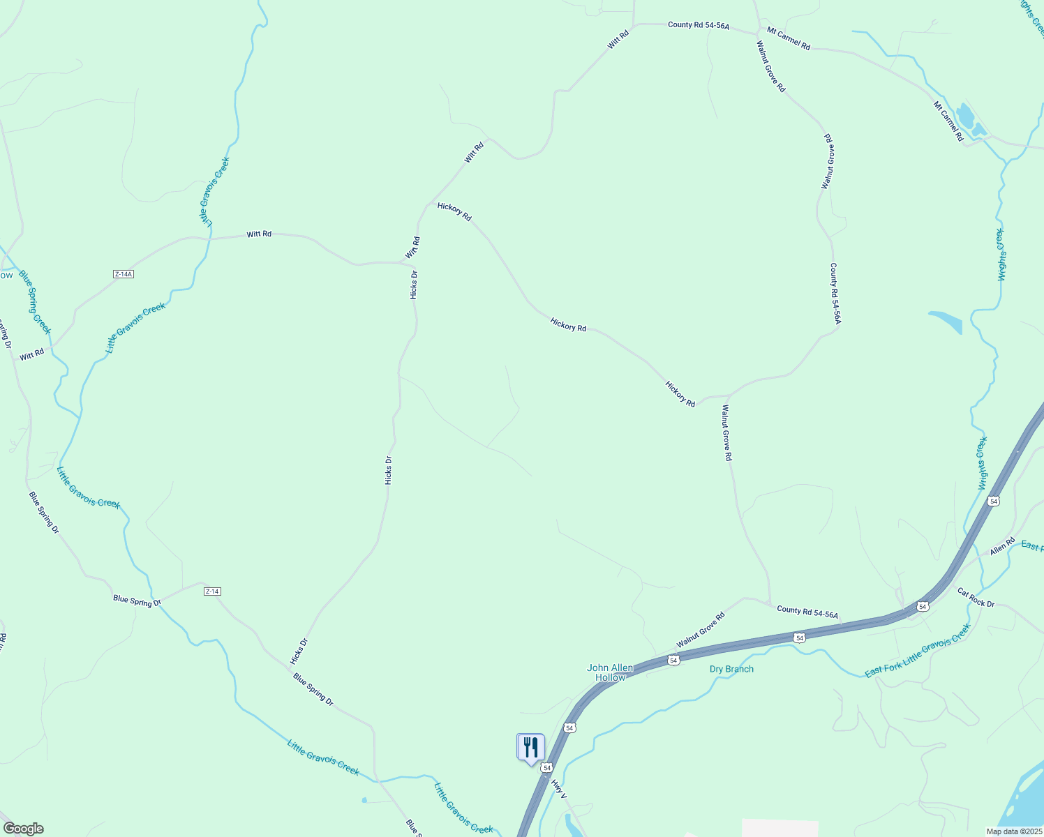 map of restaurants, bars, coffee shops, grocery stores, and more near 43-65 Blue Bird Road in Eldon