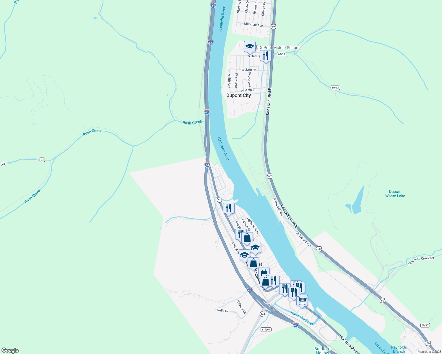 map of restaurants, bars, coffee shops, grocery stores, and more near Carolina Ave in Marmet