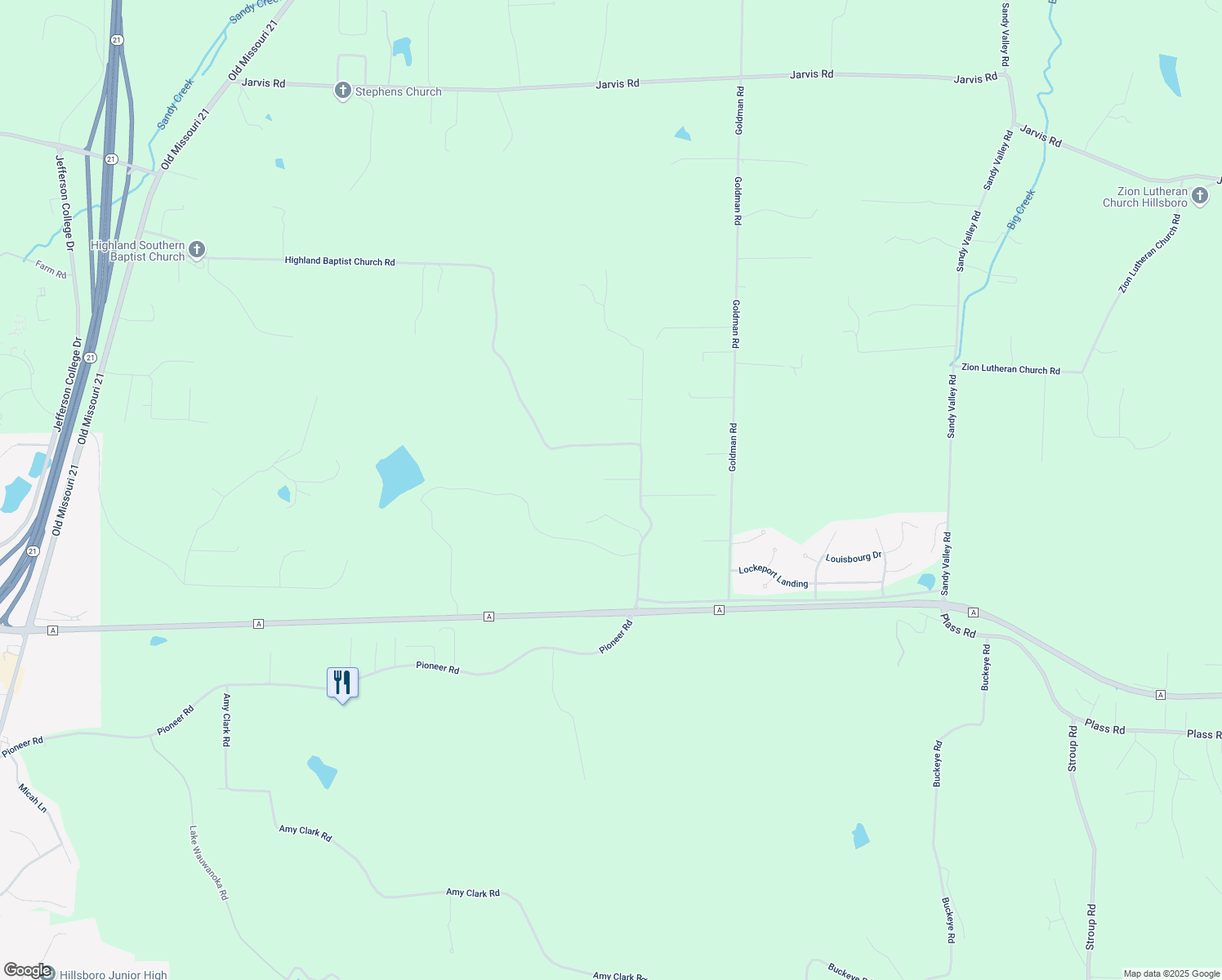 map of restaurants, bars, coffee shops, grocery stores, and more near 4448 Highland Baptist Church Road in Hillsboro
