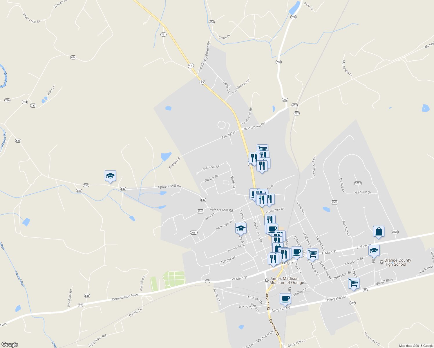 map of restaurants, bars, coffee shops, grocery stores, and more near 287 Parker Place in Orange