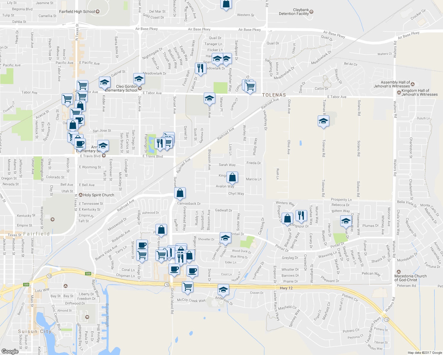 map of restaurants, bars, coffee shops, grocery stores, and more near 407 Kings Way in Suisun City