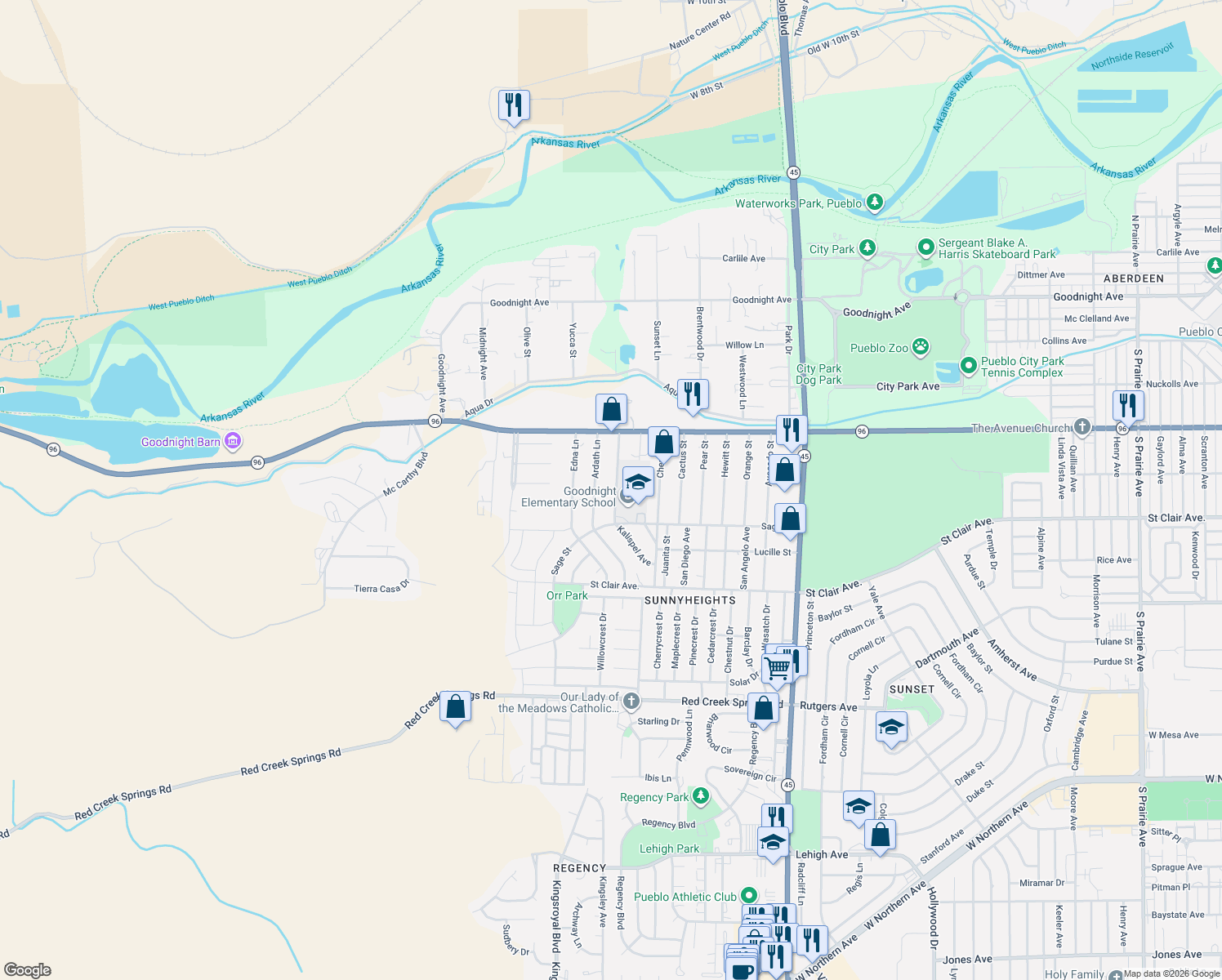 map of restaurants, bars, coffee shops, grocery stores, and more near 603 Windy Way in Pueblo