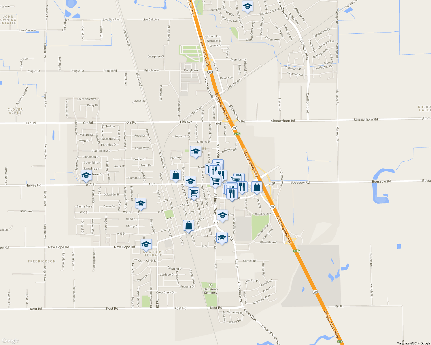 map of restaurants, bars, coffee shops, grocery stores, and more near 130 North Lincoln Way in Galt