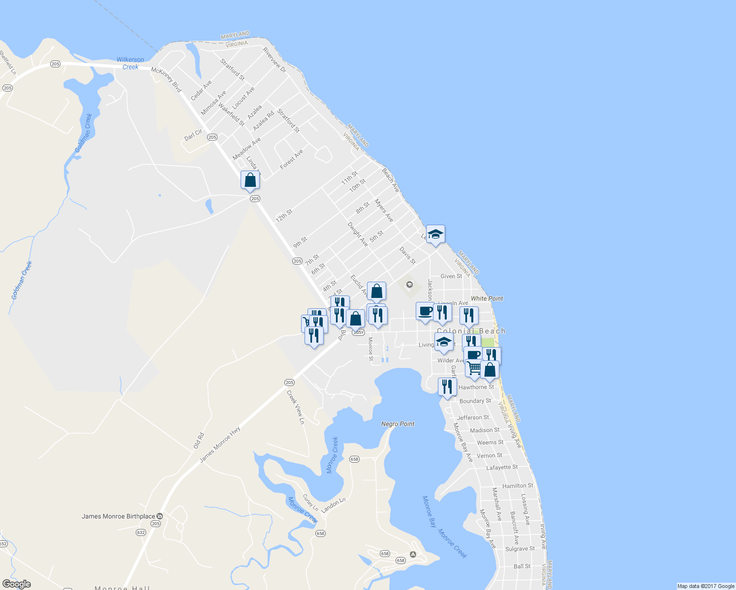 map of restaurants, bars, coffee shops, grocery stores, and more near 1003 Euclid Avenue in Colonial Beach