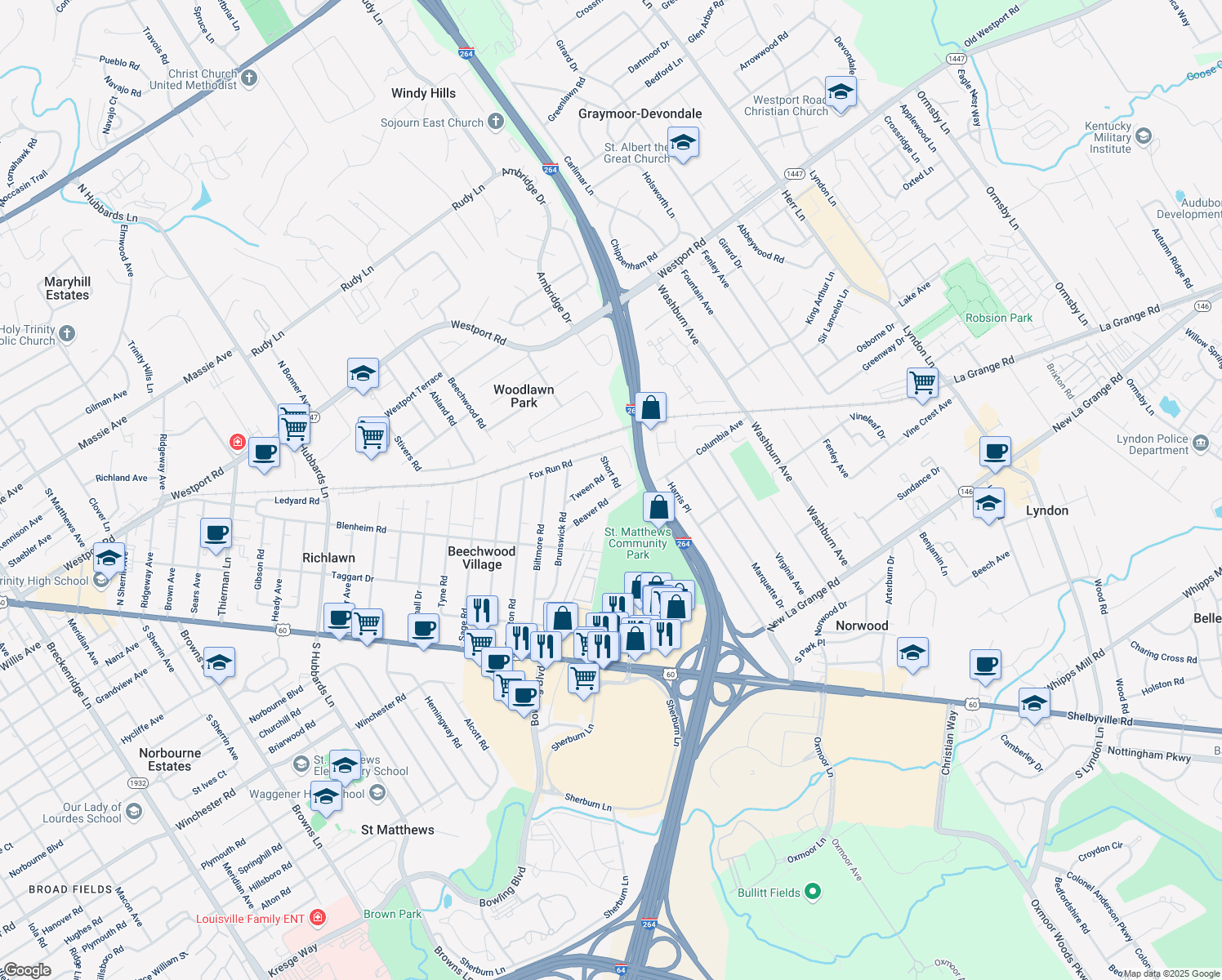 map of restaurants, bars, coffee shops, grocery stores, and more near 4624 Beaver Road in Louisville