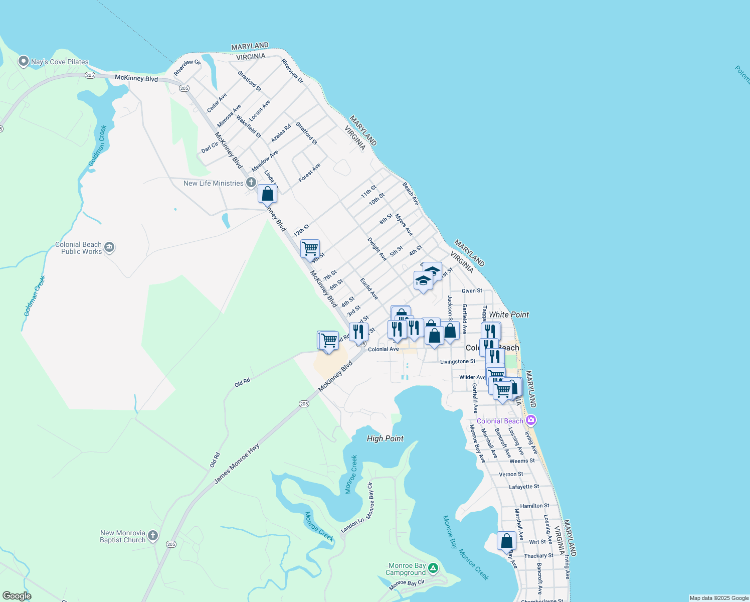 map of restaurants, bars, coffee shops, grocery stores, and more near 1108 Euclid Avenue in Colonial Beach
