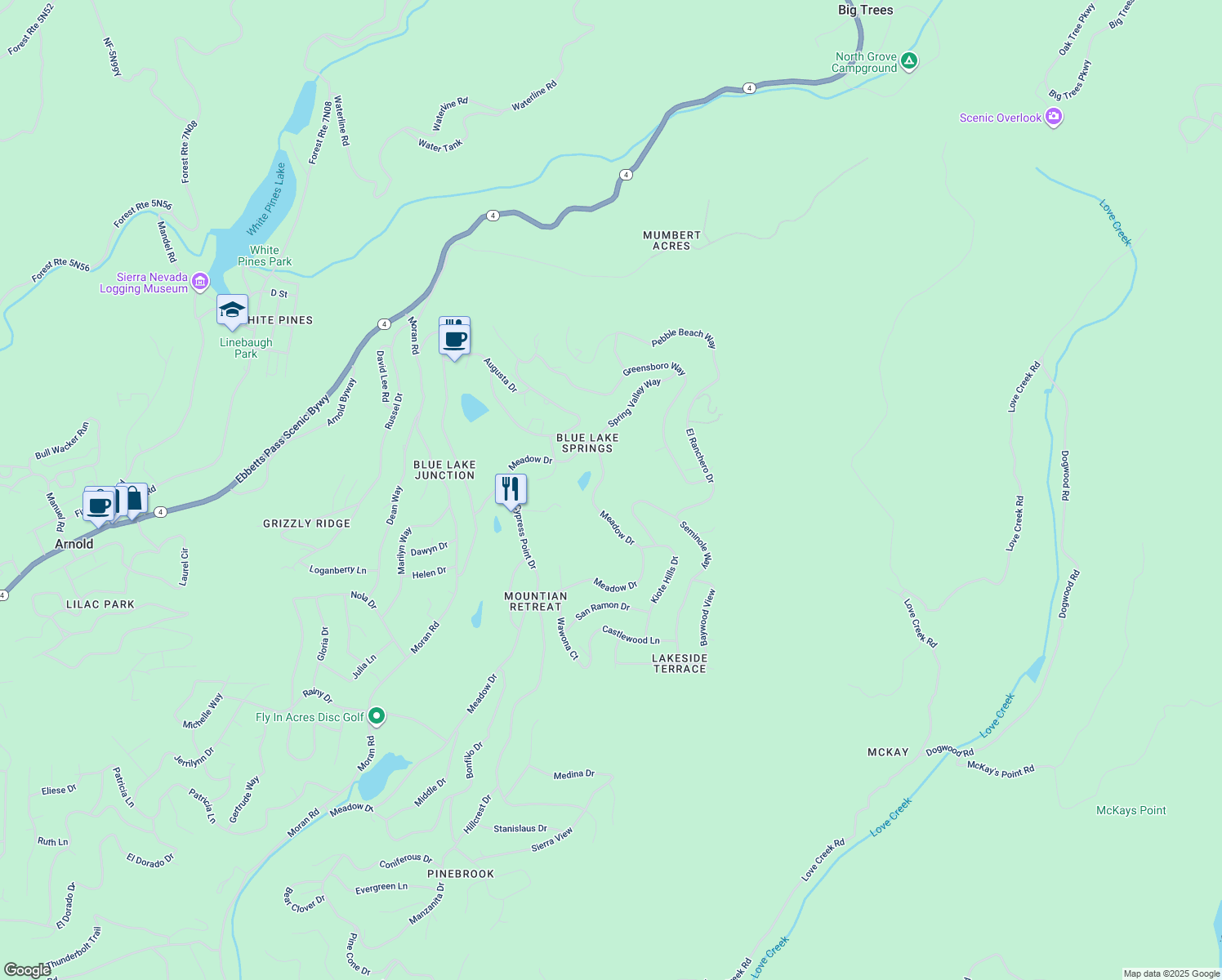 map of restaurants, bars, coffee shops, grocery stores, and more near 1213 Meadow Dr in Arnold