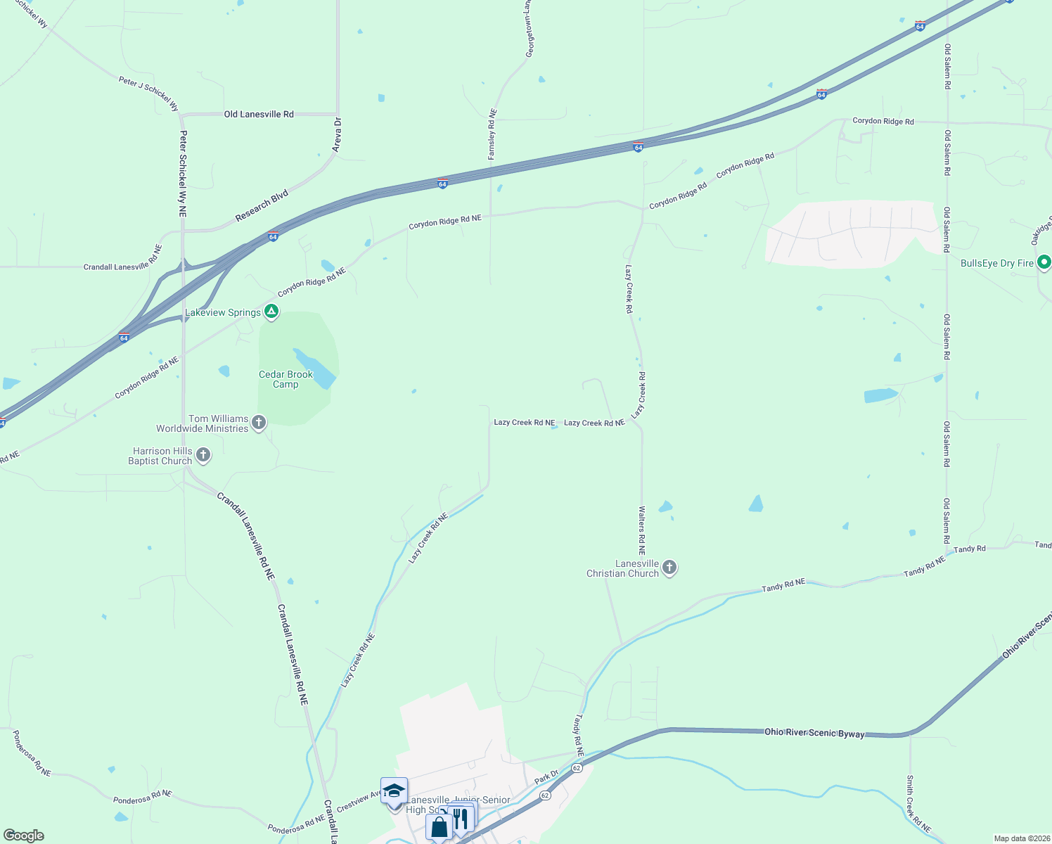 map of restaurants, bars, coffee shops, grocery stores, and more near 4185 Lazy Creek Road Northeast in Lanesville
