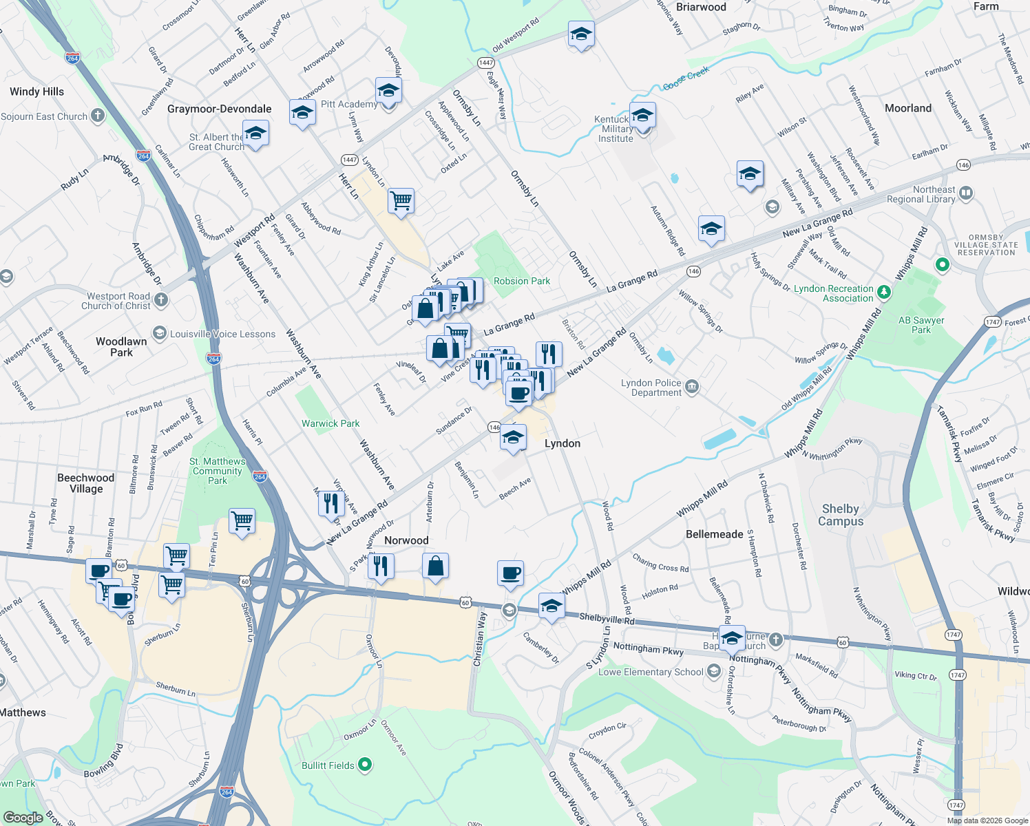 map of restaurants, bars, coffee shops, grocery stores, and more near New LaGrange Road in Lyndon