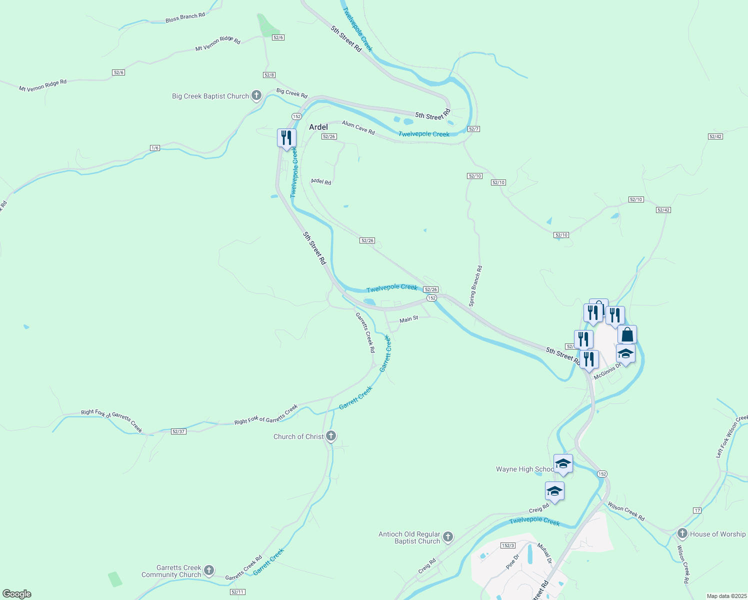map of restaurants, bars, coffee shops, grocery stores, and more near 6999 West Virginia 152 in Wayne