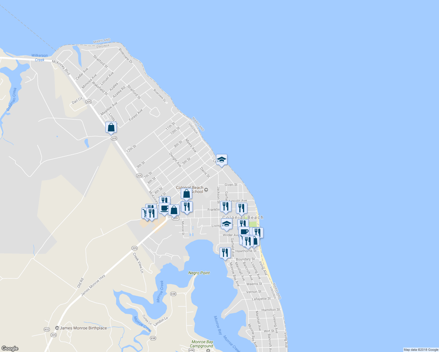 map of restaurants, bars, coffee shops, grocery stores, and more near 926 Garfield Avenue in Colonial Beach