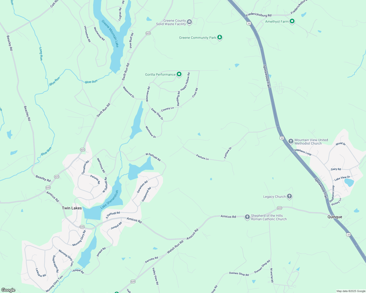 map of restaurants, bars, coffee shops, grocery stores, and more near 96 Farm Ridge Drive in Stanardsville