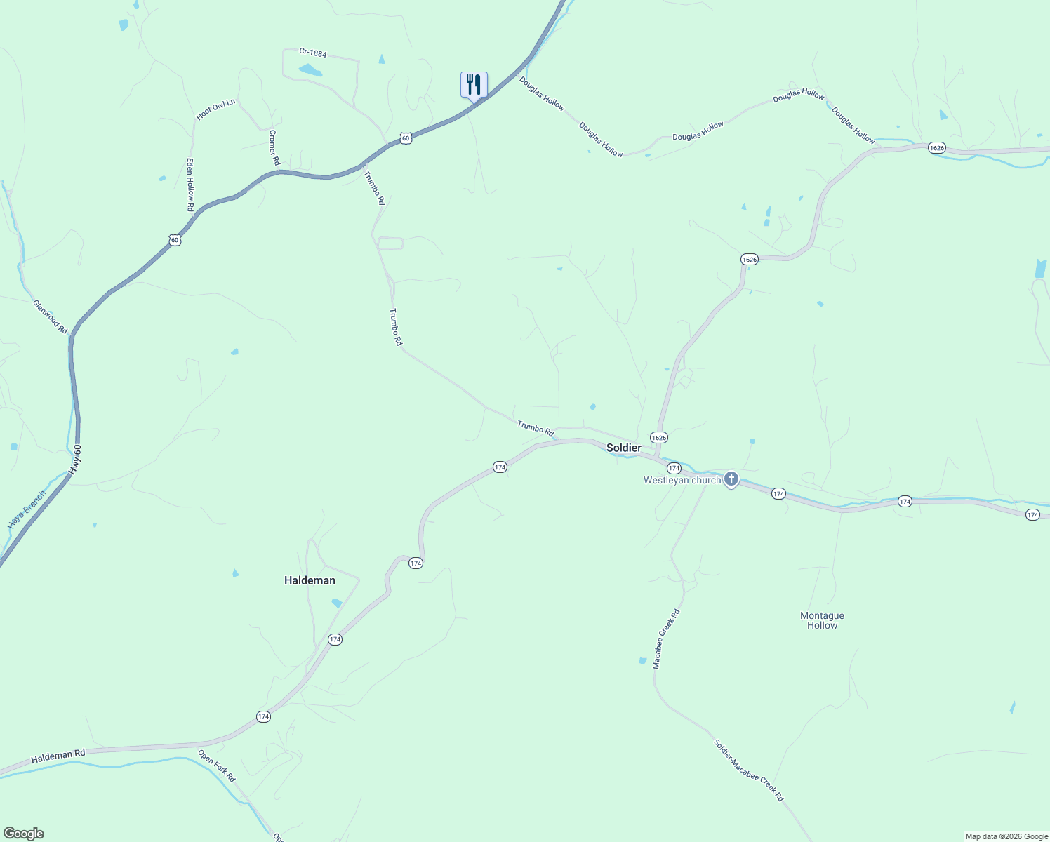 map of restaurants, bars, coffee shops, grocery stores, and more near 1068 Trumbo Hill Road in Olive Hill