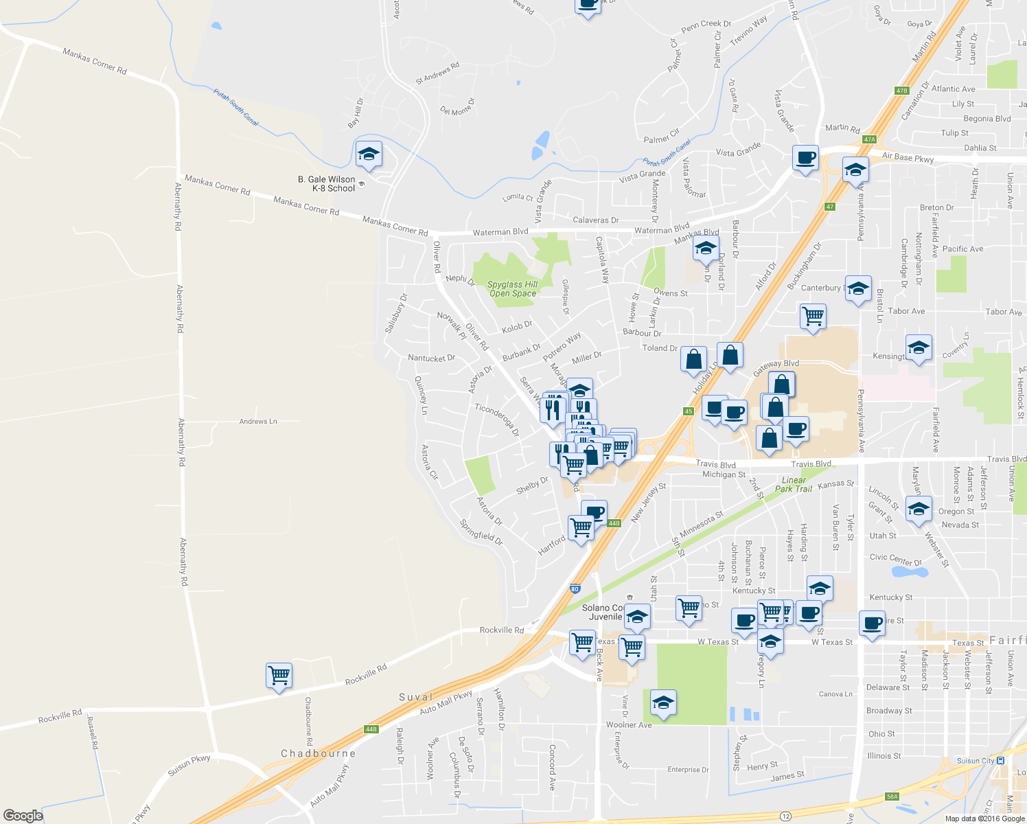 map of restaurants, bars, coffee shops, grocery stores, and more near 3214 Pelham Court in Fairfield