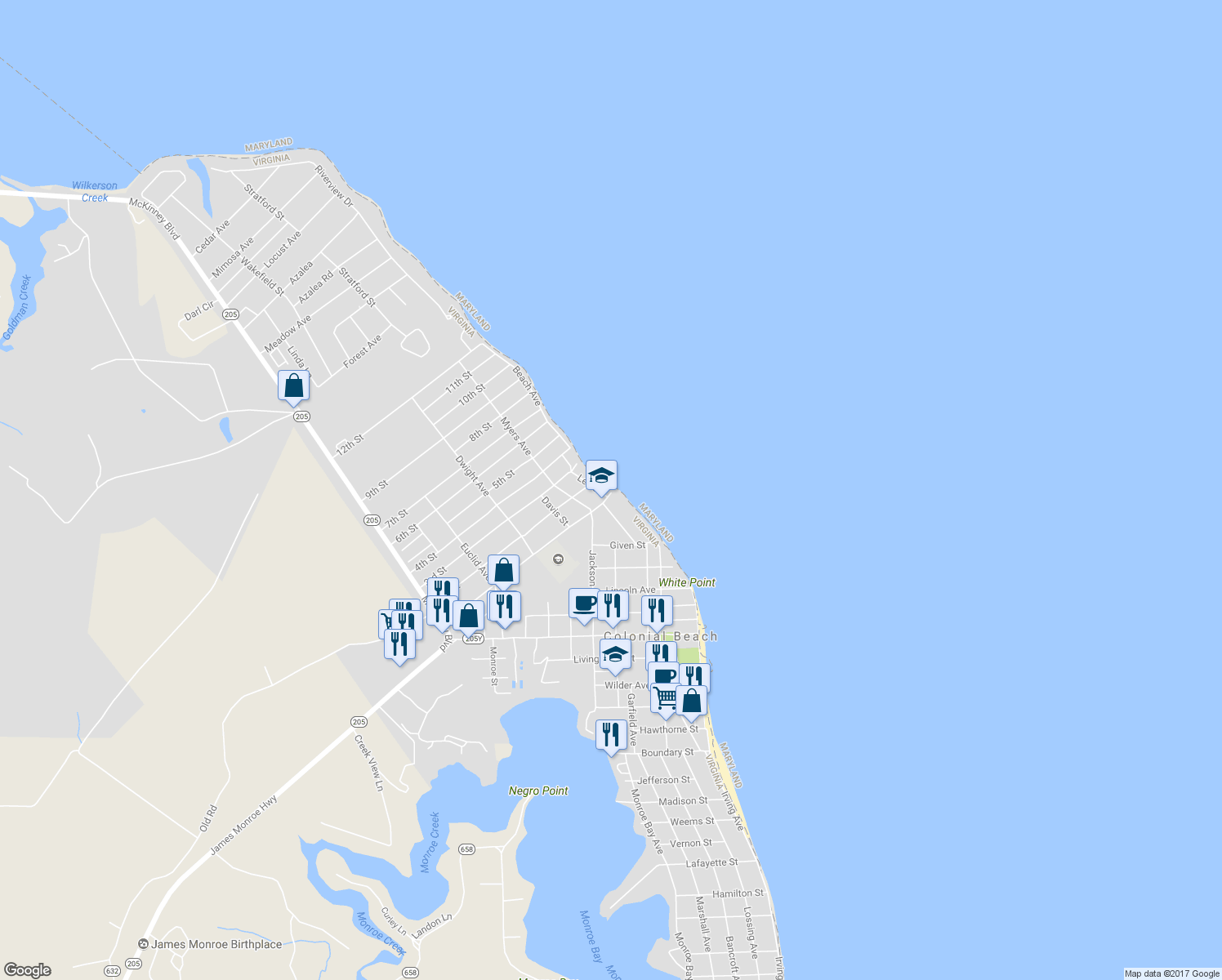 map of restaurants, bars, coffee shops, grocery stores, and more near 1001 Lee Street in Colonial Beach
