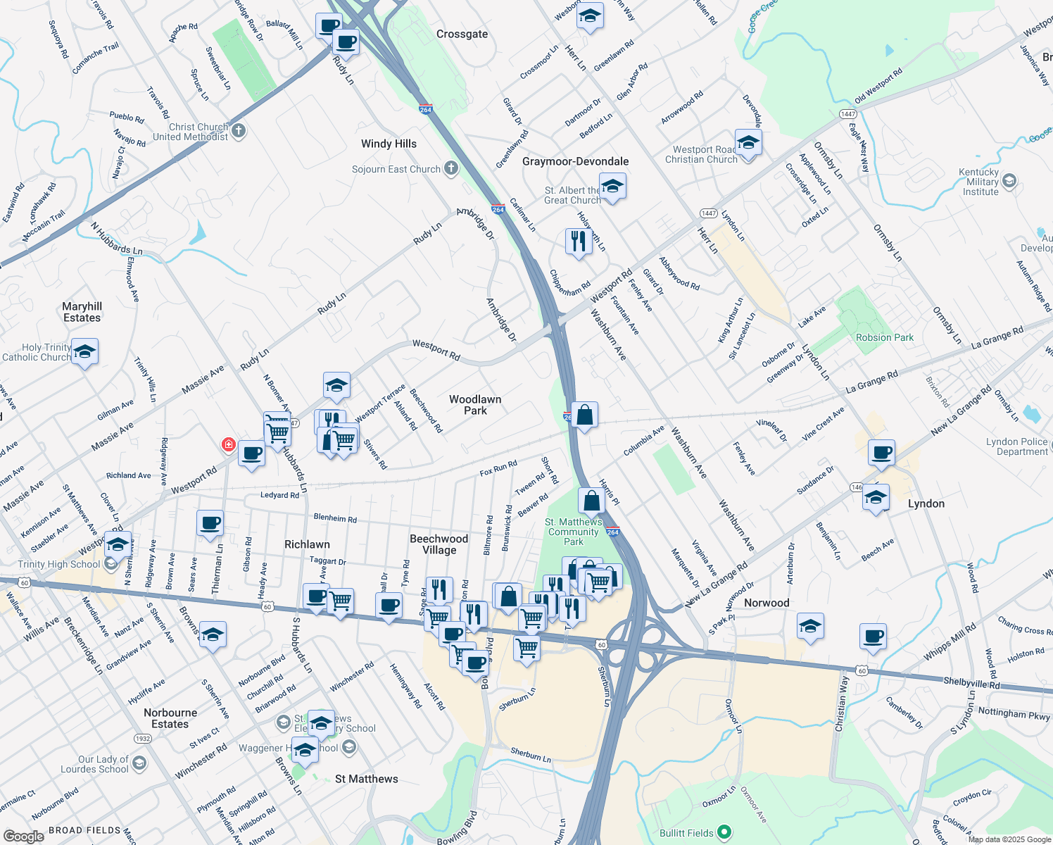 map of restaurants, bars, coffee shops, grocery stores, and more near 6838 Green Meadow Circle in Louisville