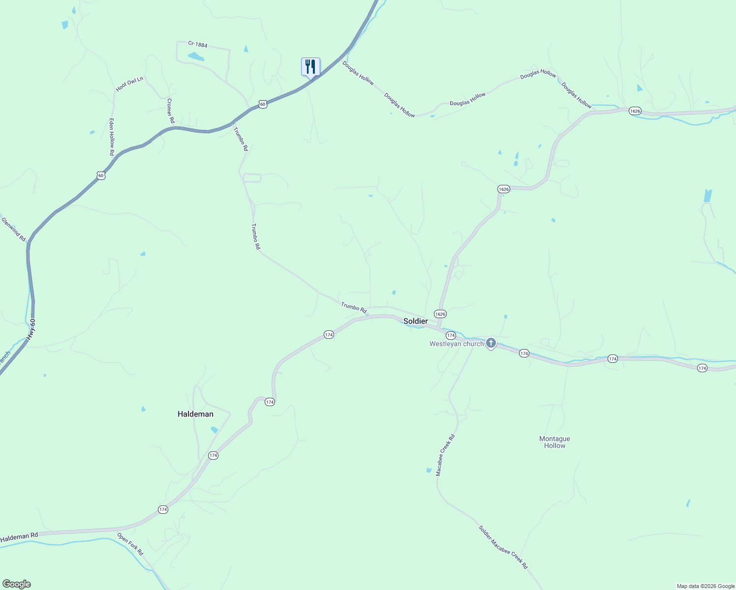 map of restaurants, bars, coffee shops, grocery stores, and more near 1068-1156 Trumbo Hill Road in Olive Hill