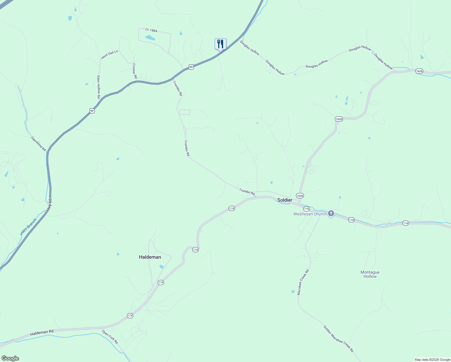 map of restaurants, bars, coffee shops, grocery stores, and more near Trumbo Hill Road in Olive Hill