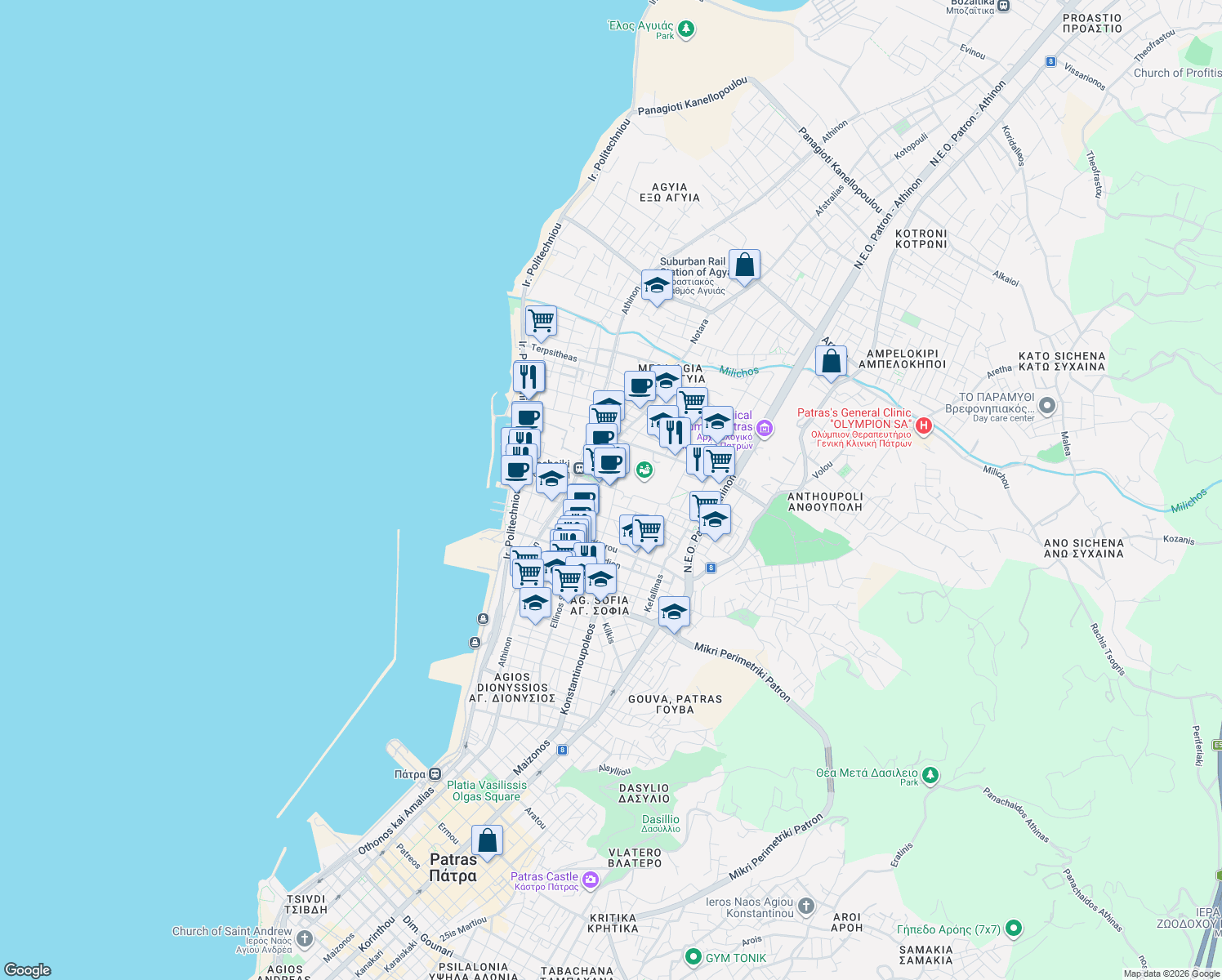 map of restaurants, bars, coffee shops, grocery stores, and more near in Patras