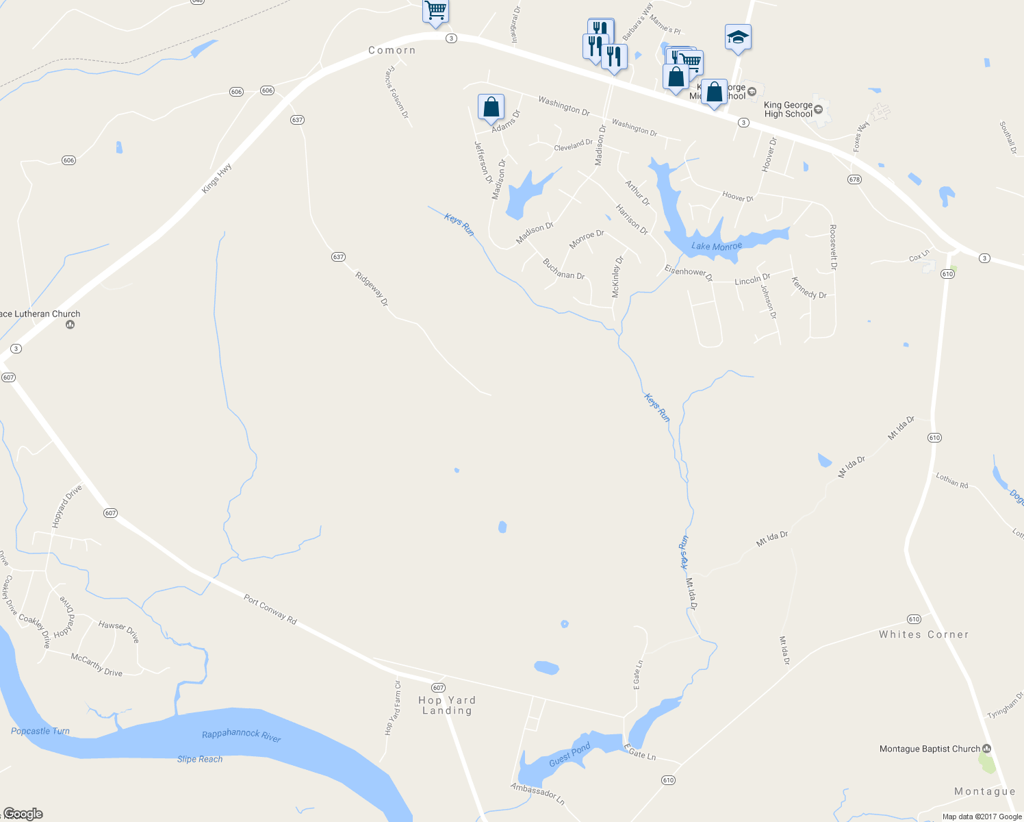 map of restaurants, bars, coffee shops, grocery stores, and more near 10364 Ridgeway Drive in King George