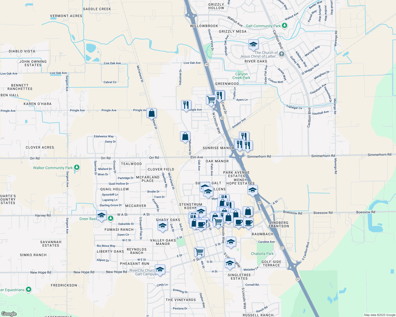map of restaurants, bars, coffee shops, grocery stores, and more near 366 Oak Avenue in Galt