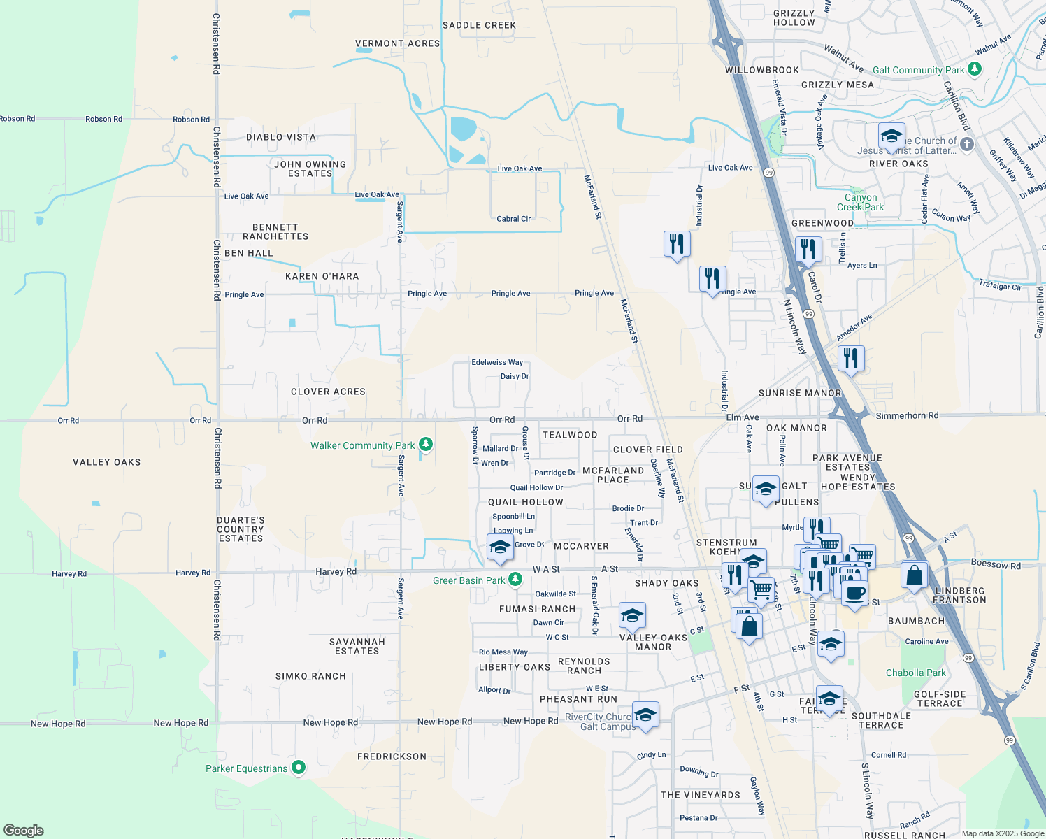 map of restaurants, bars, coffee shops, grocery stores, and more near 248 Orr Road in Galt