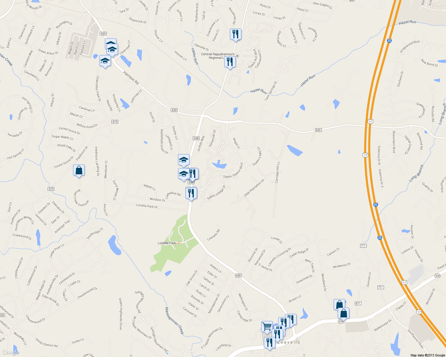 map of restaurants, bars, coffee shops, grocery stores, and more near 11272 Girven Court in Fredericksburg
