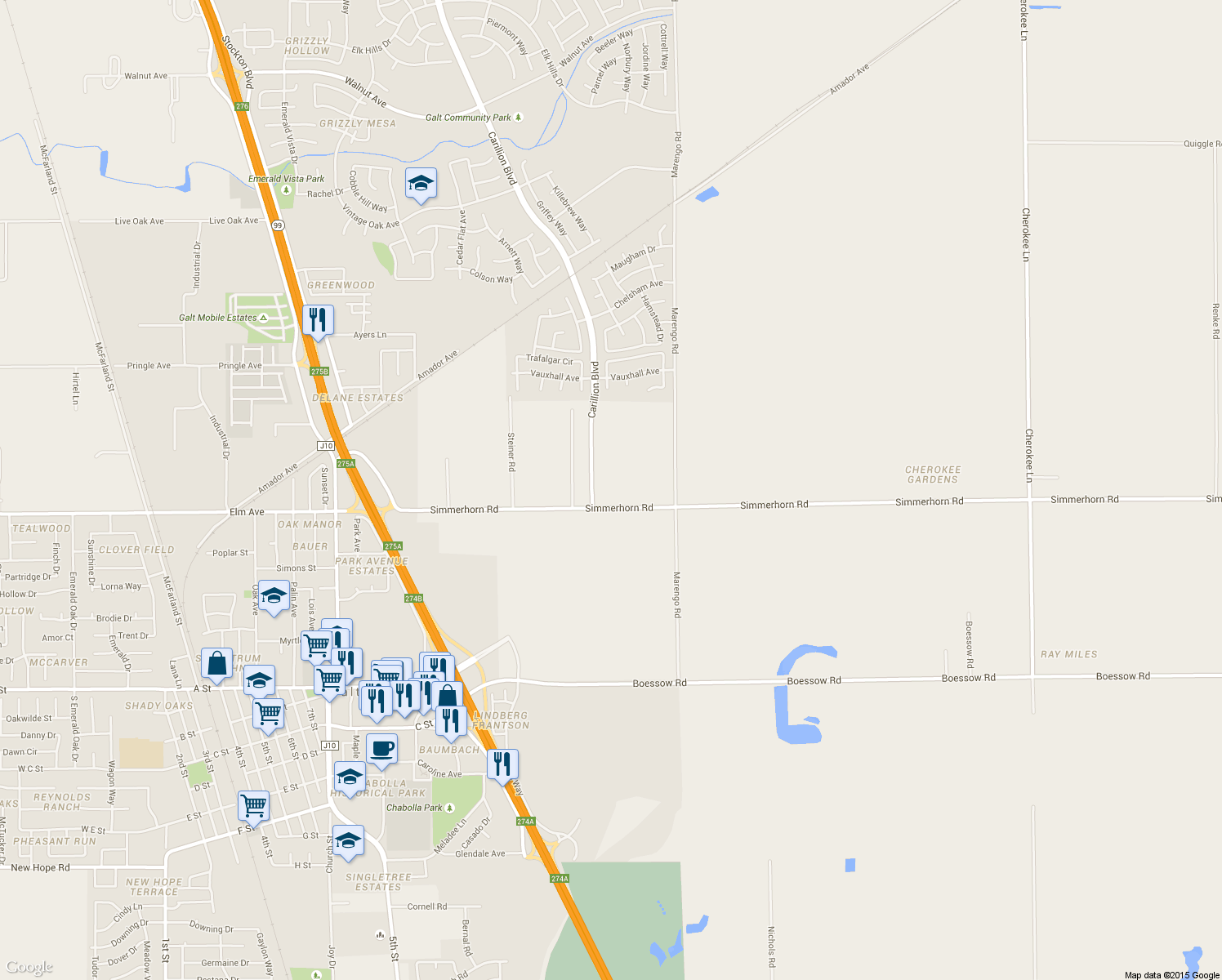 map of restaurants, bars, coffee shops, grocery stores, and more near 10821 Simmerhorn Road in Galt