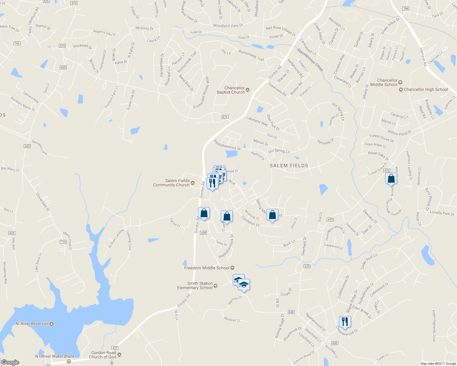 map of restaurants, bars, coffee shops, grocery stores, and more near 7122 Destiny Lane in Fredericksburg