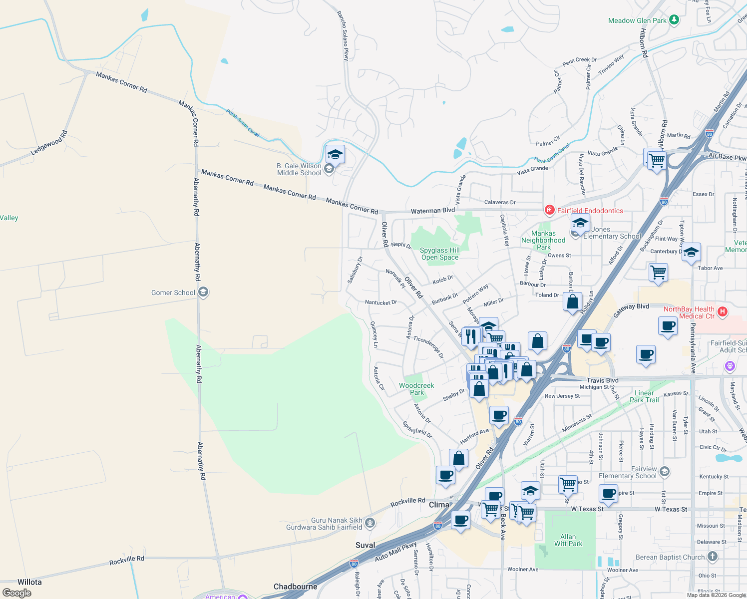 map of restaurants, bars, coffee shops, grocery stores, and more near 3484 Nantucket Drive in Fairfield